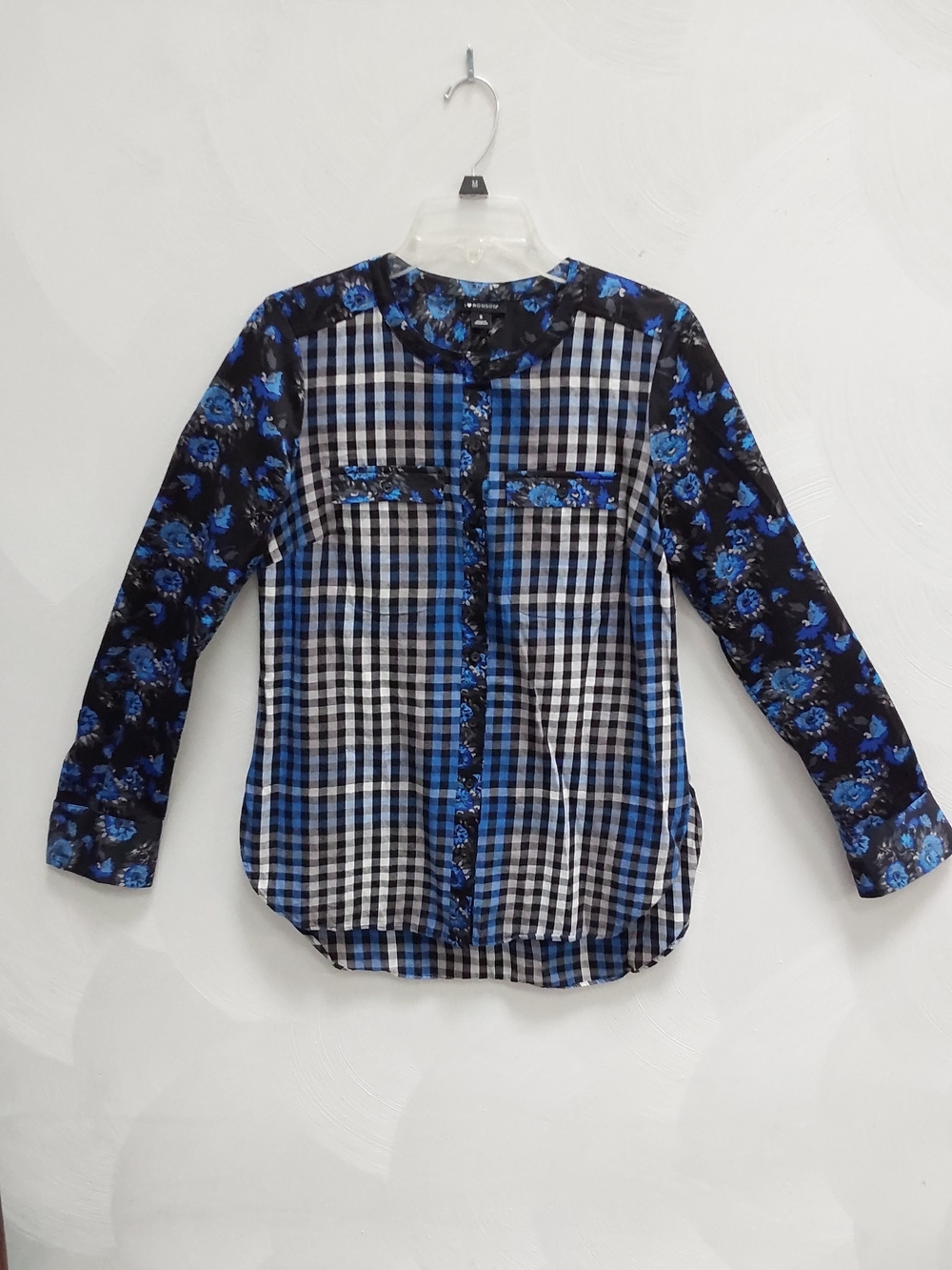 I Heart Ronson Long Sleeve Top Blue Plaid Mix Print Floral S